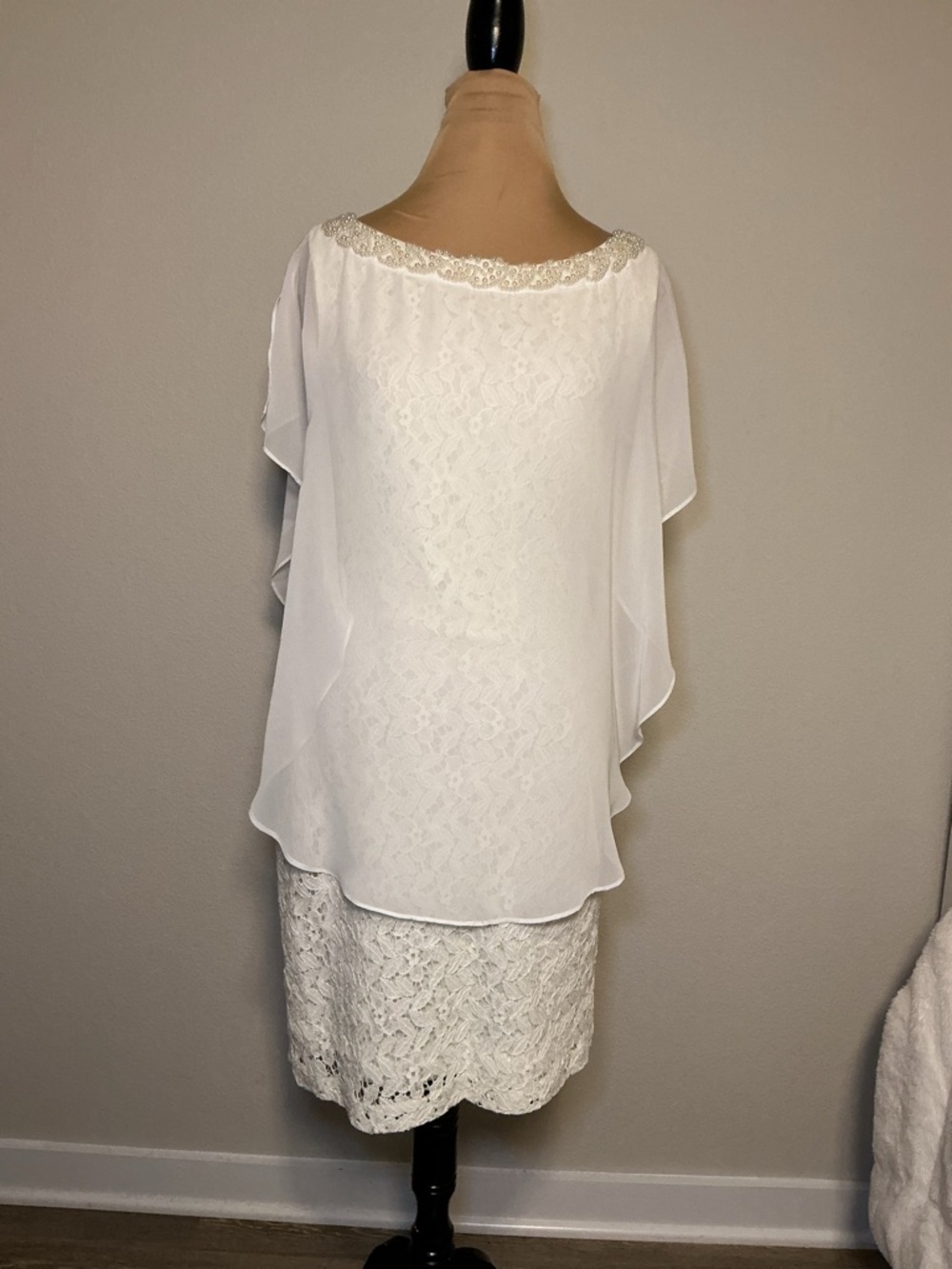 Elegant White Lace Dress with Sheer Overlay